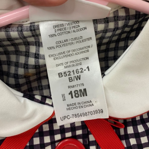 Bonnie Baby girls dress smocked neck ruffles red ladybug  black & white gingham - Picture 6 of 9